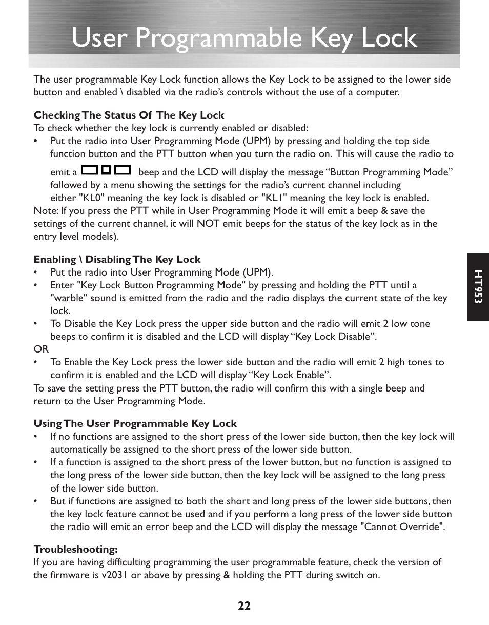 User programmable key lock | Entel HT952 ATEX PMR User Manual | Page 23 / 29