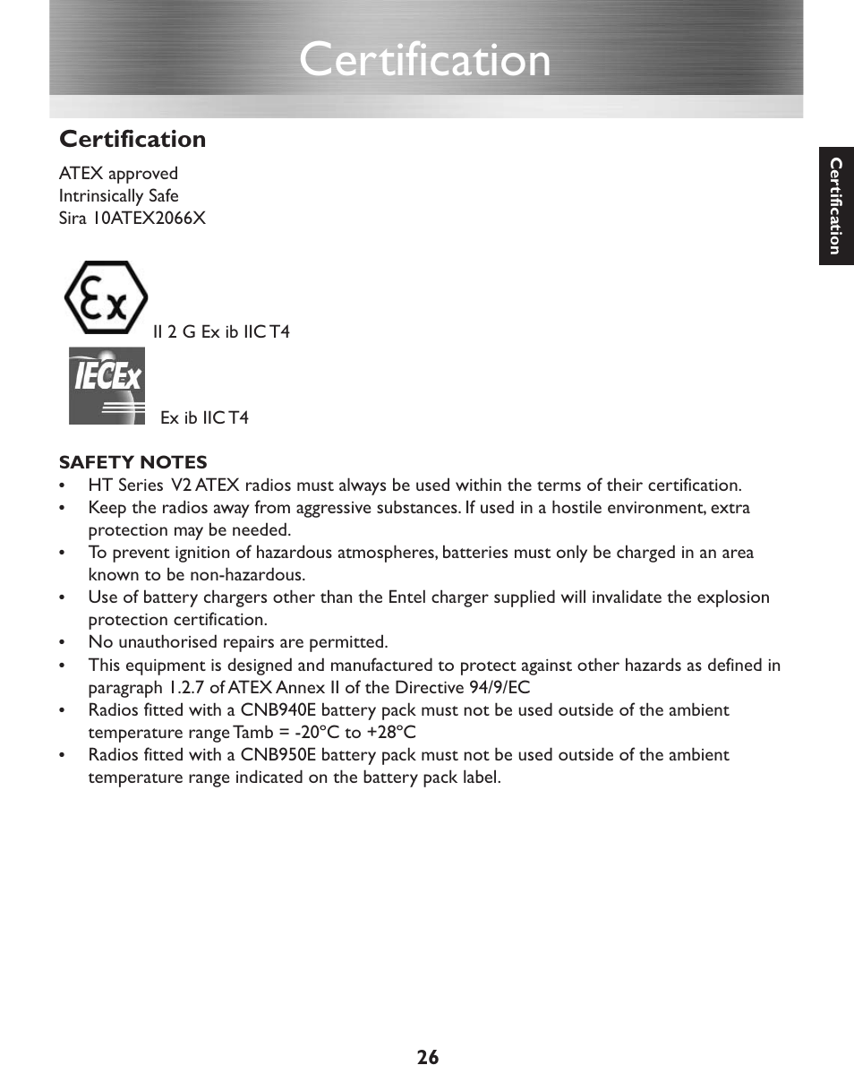 Certification | Entel HT952 ATEX PMR User Manual | Page 27 / 29