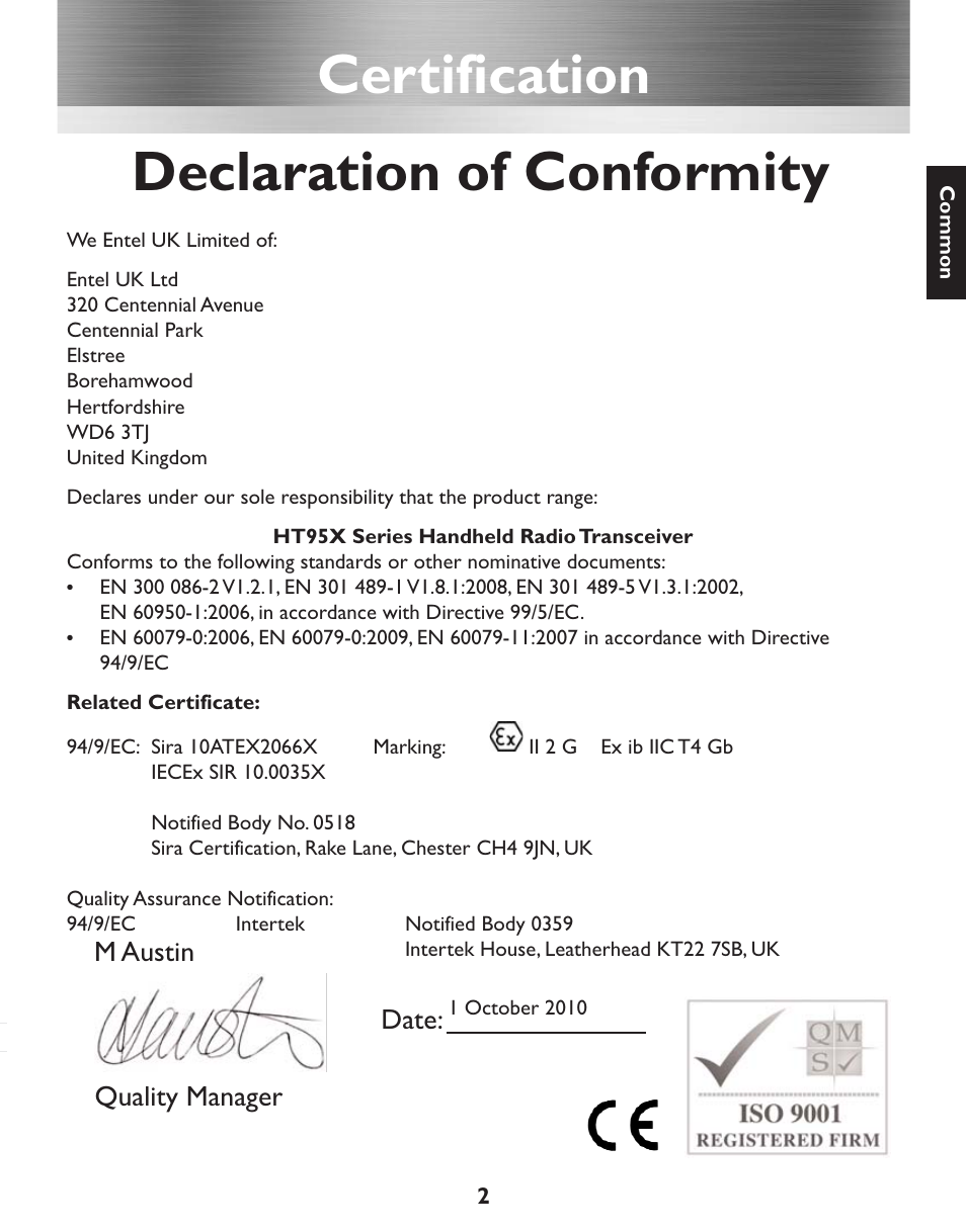 Certification declaration of conformity, M austin quality manager, Date | Entel HT952 ATEX PMR User Manual | Page 3 / 29