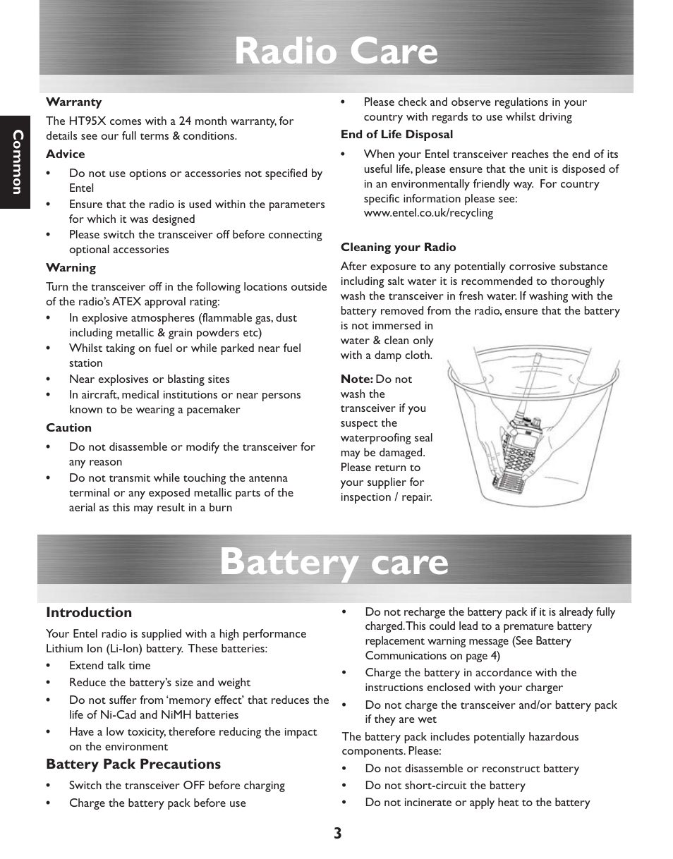 Radio care, Battery care | Entel HT952 ATEX PMR User Manual | Page 4 / 29