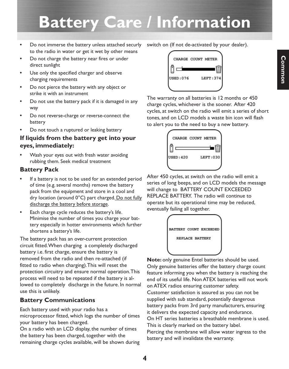 Battery care / information | Entel HT952 ATEX PMR User Manual | Page 5 / 29