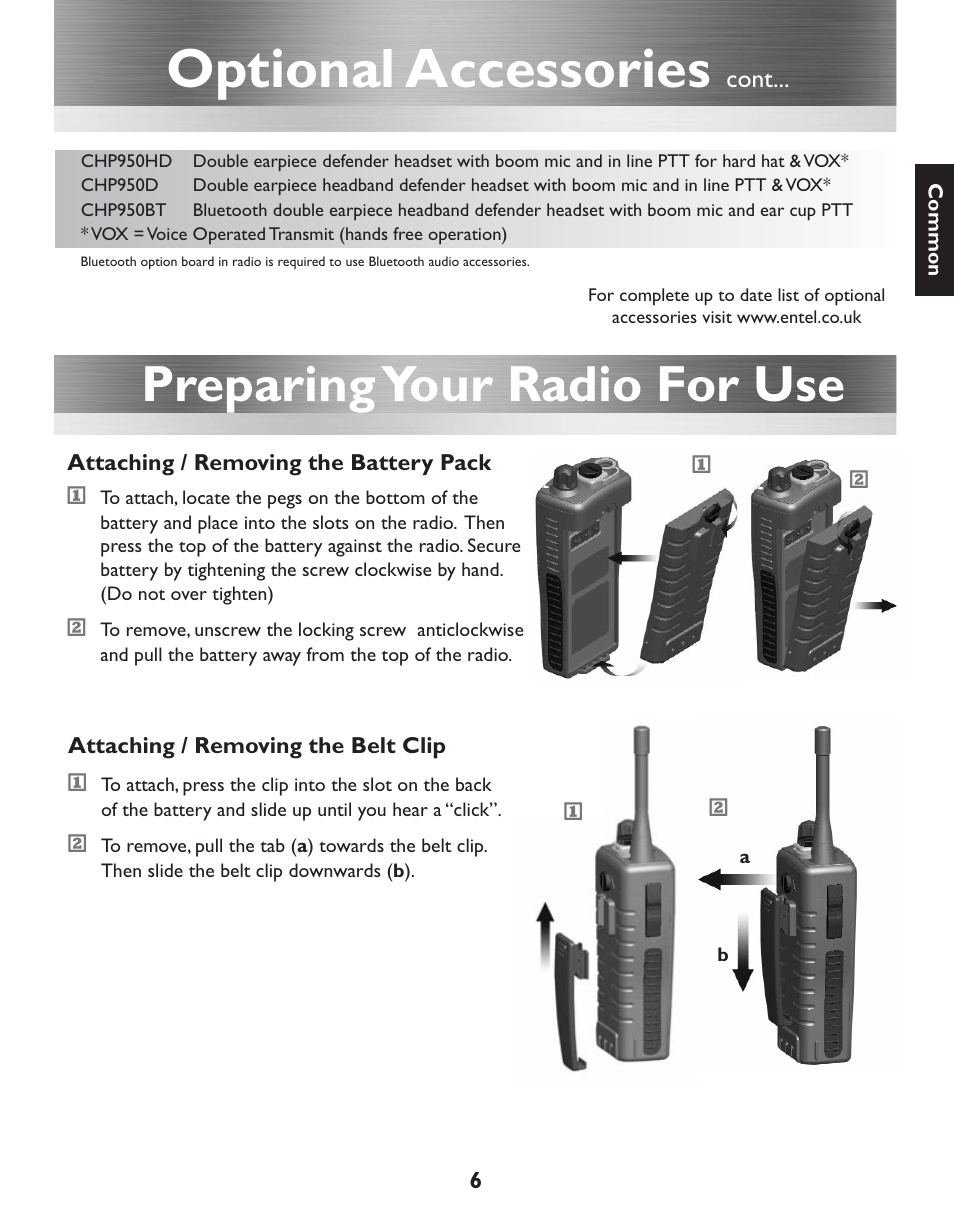 Optional accessories, Preparing your radio for use | Entel HT952 ATEX PMR User Manual | Page 7 / 29