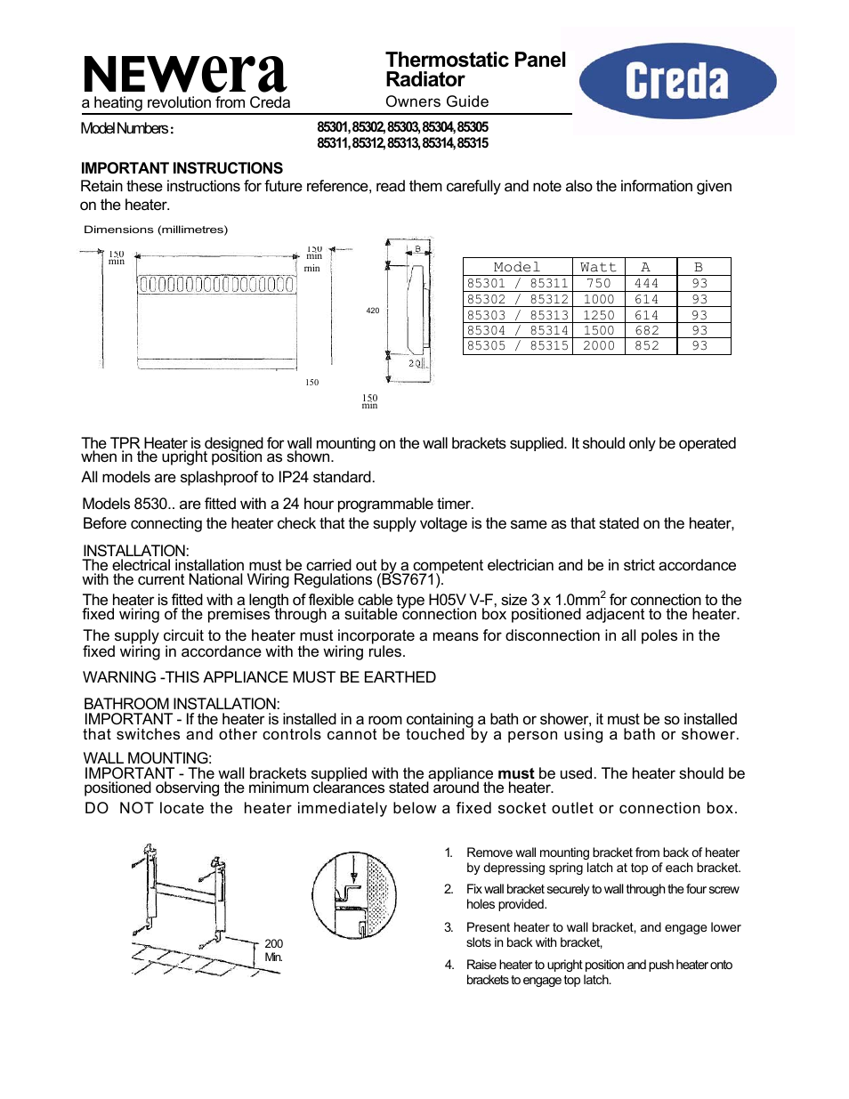 Creda NEWERA 85315 User Manual | 2 pages