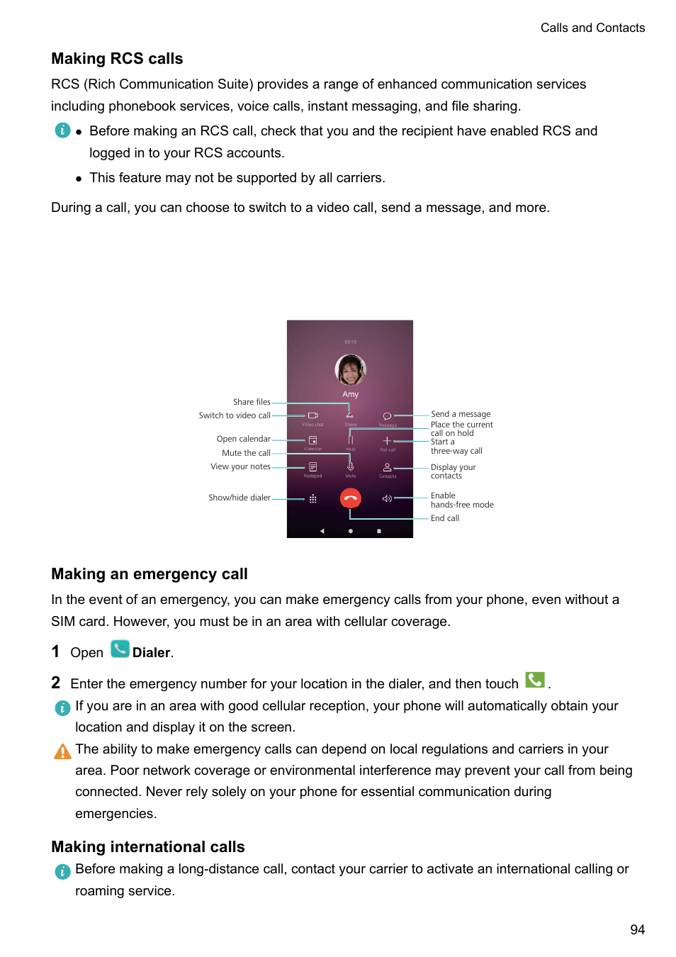 Making rcs calls, Making an emergency call, Making international calls | Huawei Mate 9 User Manual | Page 100 / 205