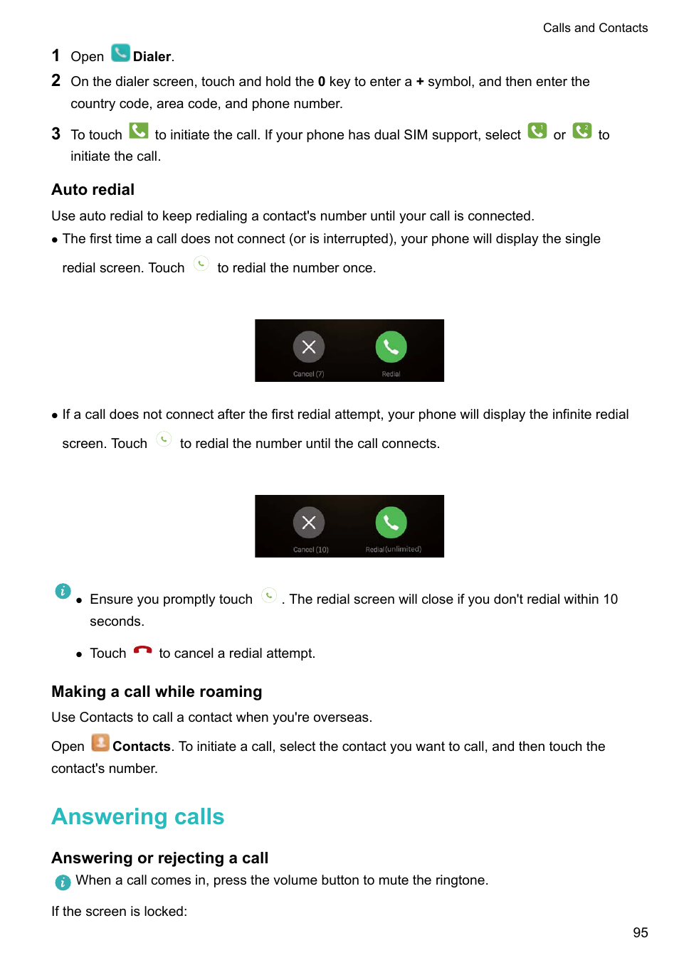 Auto redial, Making a call while roaming, Answering calls | Answering or rejecting a call | Huawei Mate 9 User Manual | Page 101 / 205