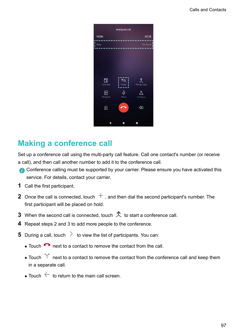 Making a conference call | Huawei Mate 9 User Manual | Page 103 / 205