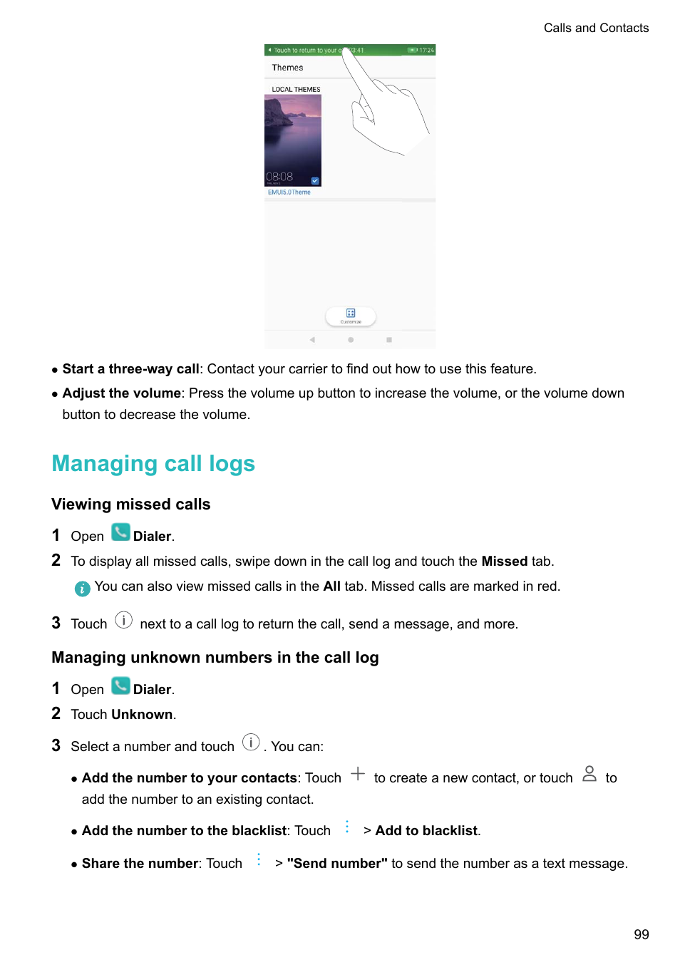 Managing call logs, Viewing missed calls, Managing unknown numbers in the call log | Huawei Mate 9 User Manual | Page 105 / 205