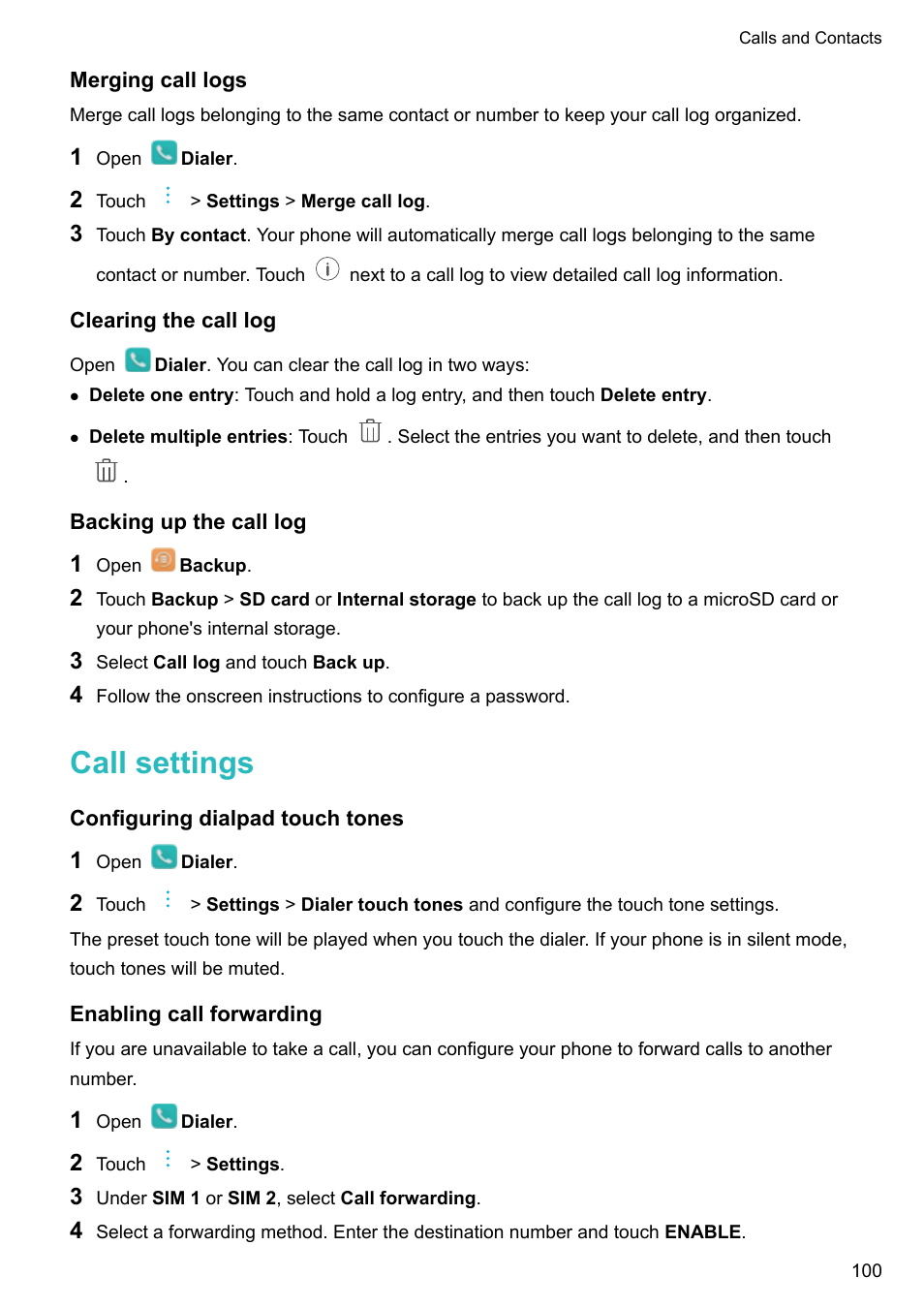 Merging call logs, Clearing the call log, Backing up the call log | Call settings, Configuring dialpad touch tones, Enabling call forwarding | Huawei Mate 9 User Manual | Page 106 / 205