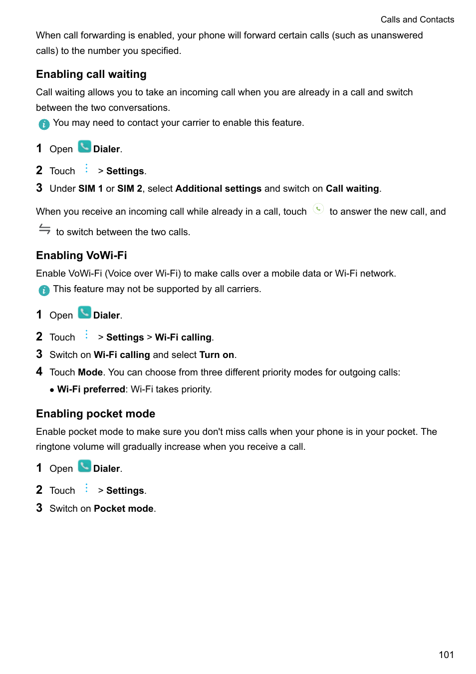 Enabling call waiting, Enabling vowi-fi, Enabling pocket mode | Huawei Mate 9 User Manual | Page 107 / 205