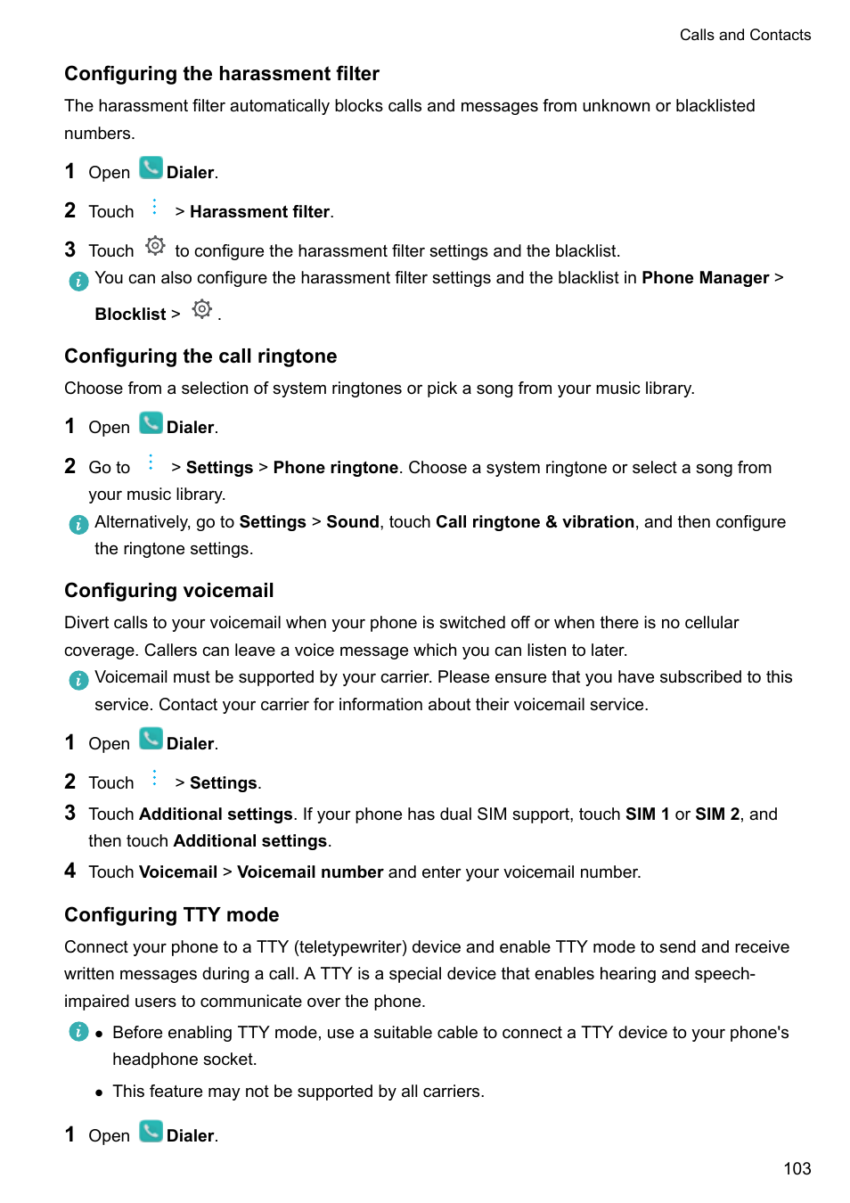 Configuring the harassment filter, Configuring the call ringtone, Configuring voicemail | Configuring tty mode | Huawei Mate 9 User Manual | Page 109 / 205