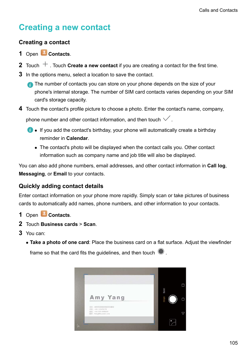 Creating a new contact, Creating a contact, Quickly adding contact details | Huawei Mate 9 User Manual | Page 111 / 205