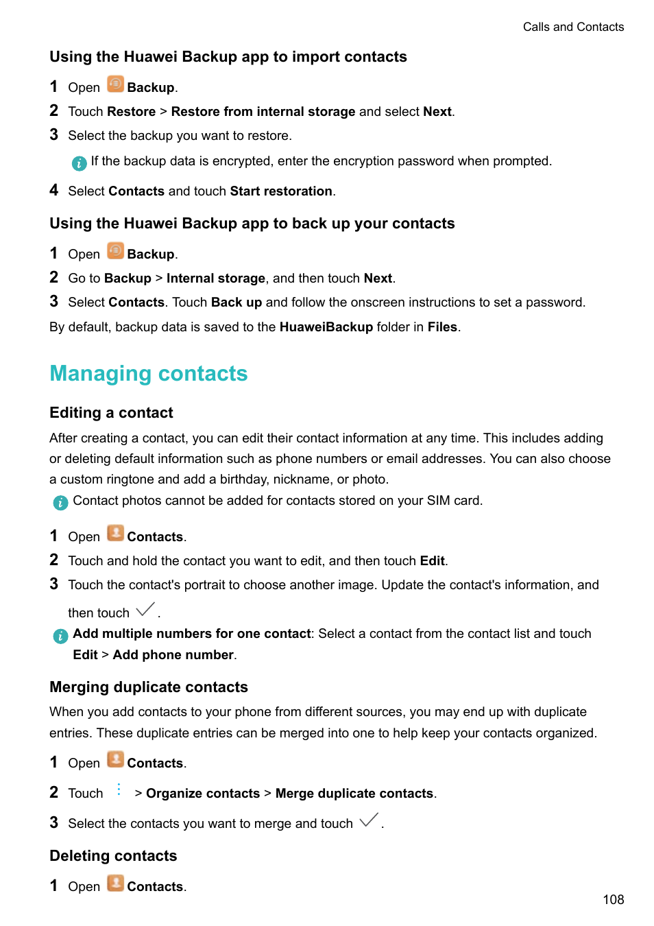 Using the huawei backup app to import contacts, Managing contacts, Editing a contact | Merging duplicate contacts, Deleting contacts | Huawei Mate 9 User Manual | Page 114 / 205