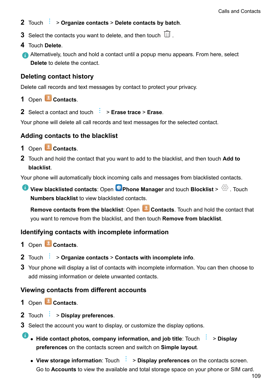 Deleting contact history, Adding contacts to the blacklist, Identifying contacts with incomplete information | Viewing contacts from different accounts | Huawei Mate 9 User Manual | Page 115 / 205