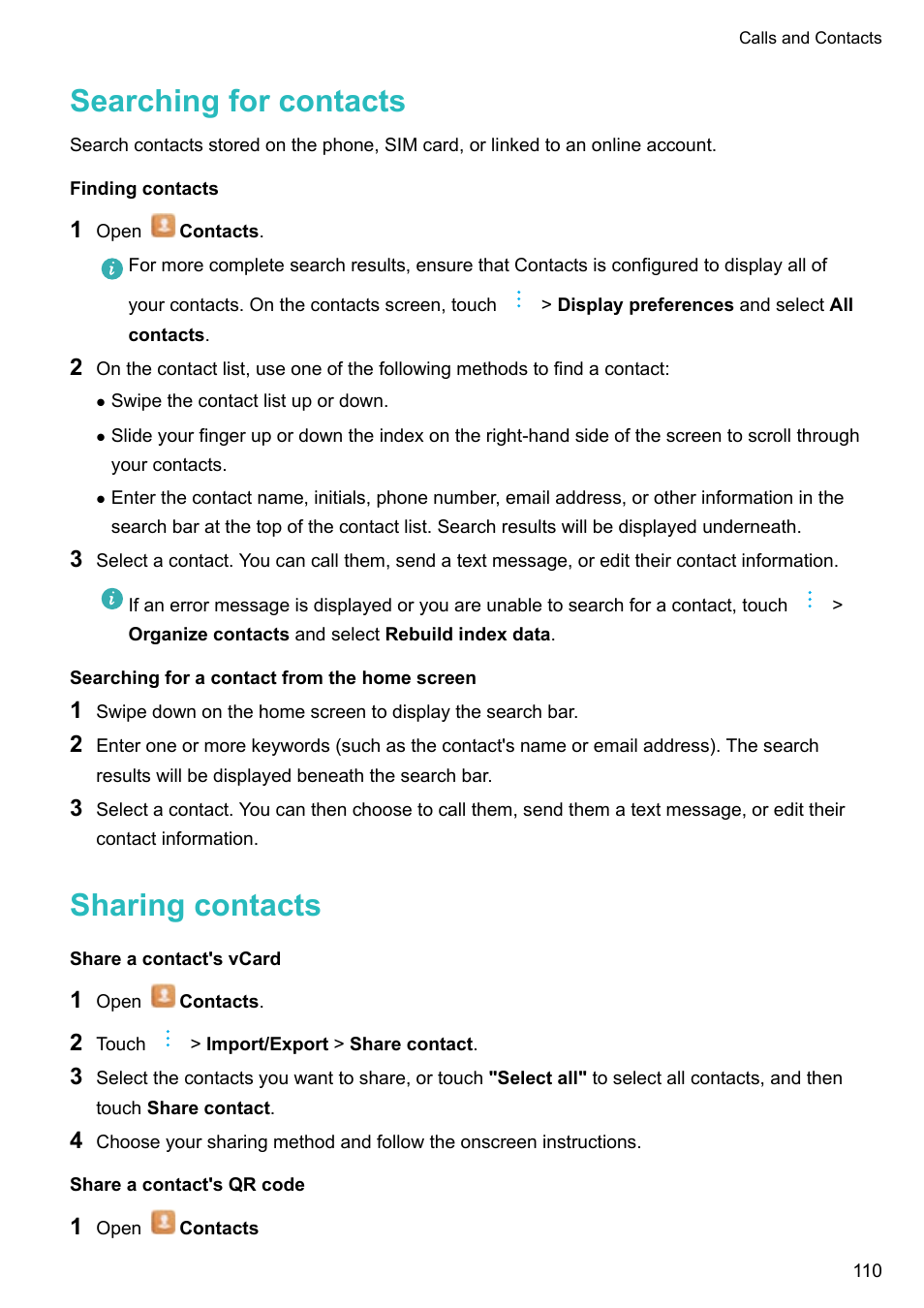 Searching for contacts, Finding contacts, Searching for a contact from the home screen | Sharing contacts, Share a contact's vcard, Share a contact's qr code | Huawei Mate 9 User Manual | Page 116 / 205