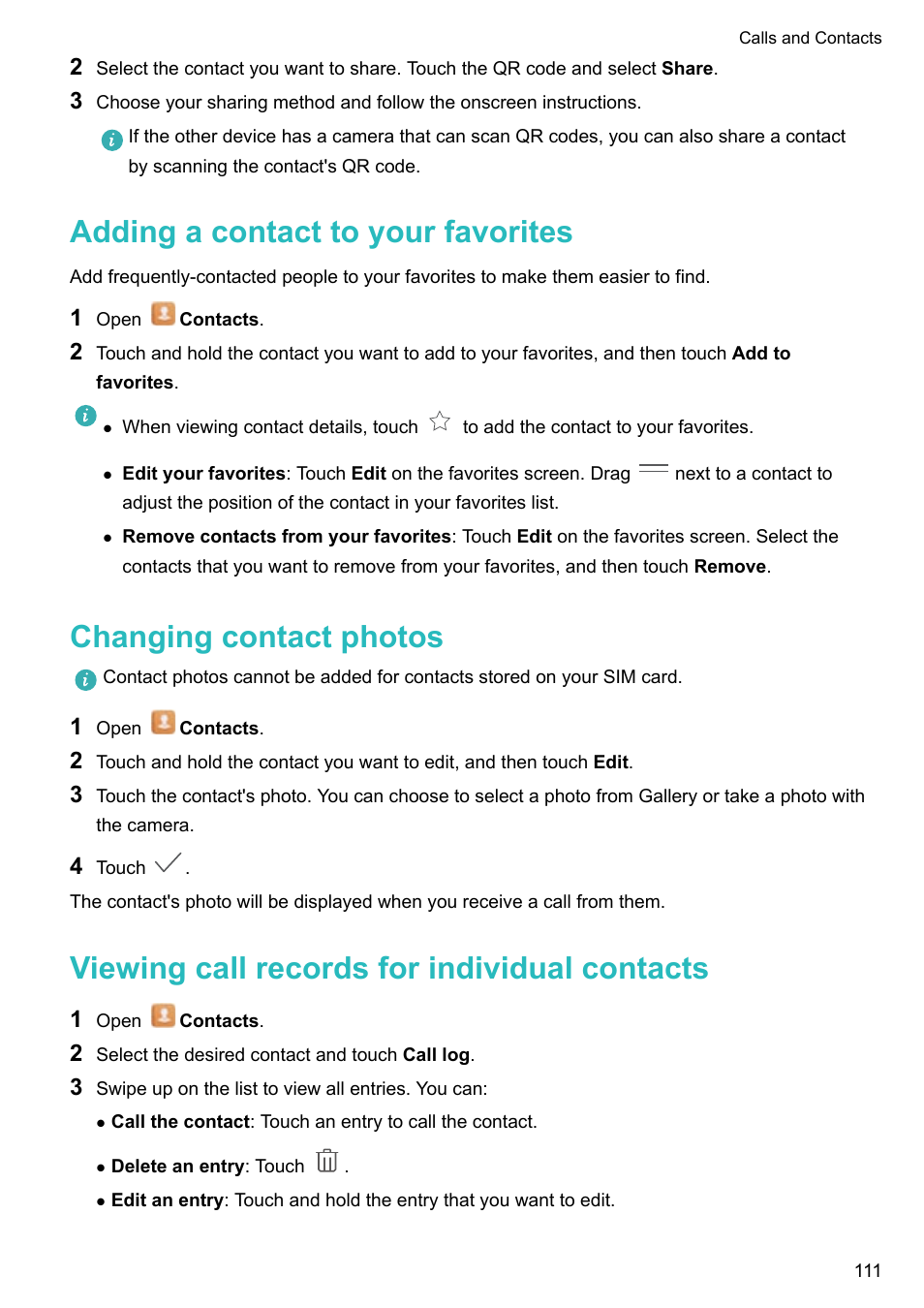 Adding a contact to your favorites, Changing contact photos, Viewing call records for individual contacts | Huawei Mate 9 User Manual | Page 117 / 205