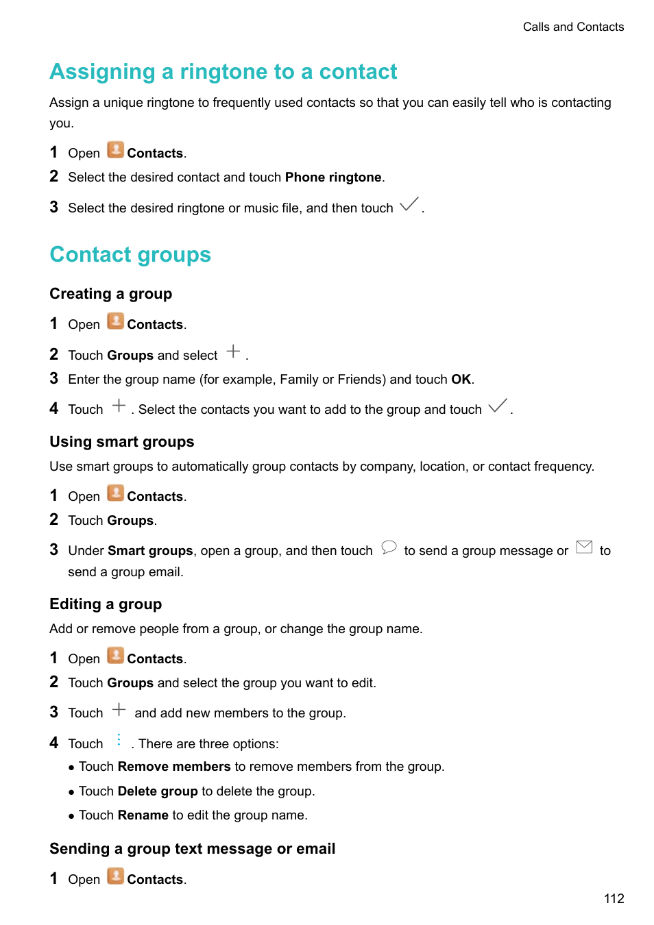 Assigning a ringtone to a contact, Contact groups, Creating a group | Using smart groups, Editing a group, Sending a group text message or email | Huawei Mate 9 User Manual | Page 118 / 205