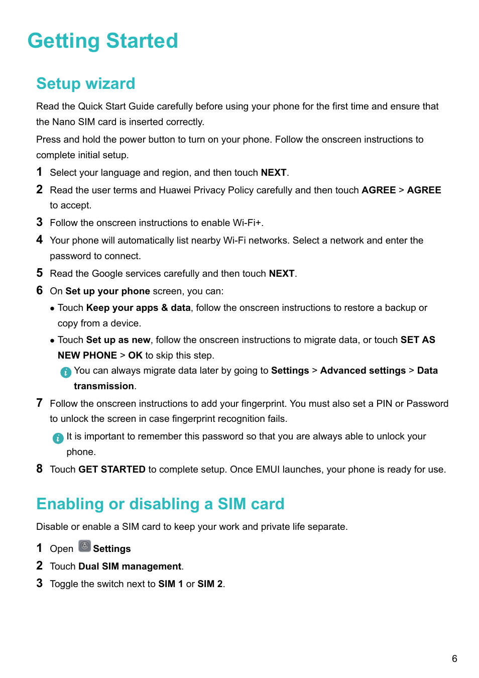 Getting started, Setup wizard, Enabling or disabling a sim card | Huawei Mate 9 User Manual | Page 12 / 205