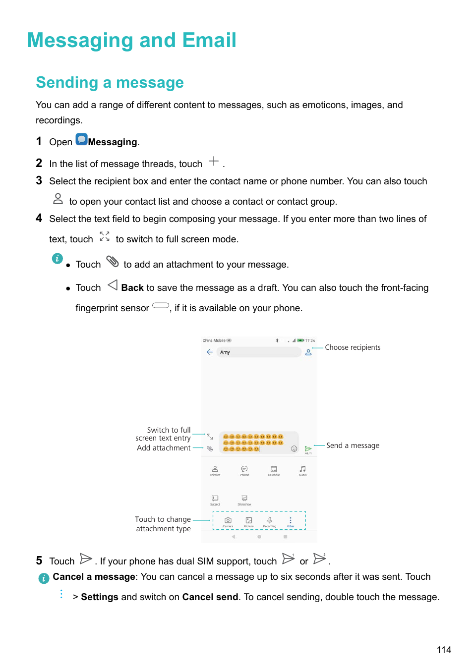 Messaging and email, Sending a message | Huawei Mate 9 User Manual | Page 120 / 205