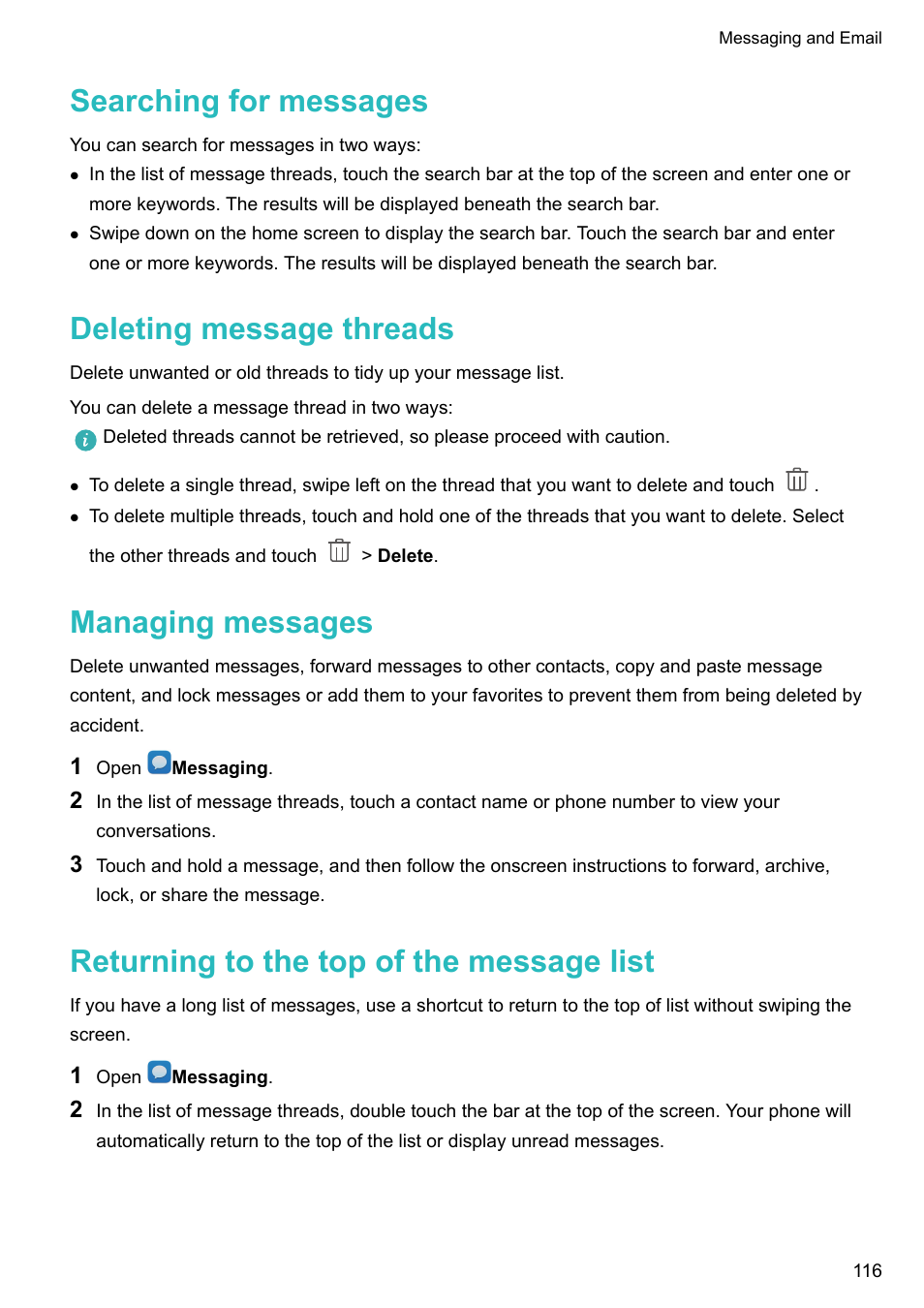 Searching for messages, Deleting message threads, Managing messages | Returning to the top of the message list | Huawei Mate 9 User Manual | Page 122 / 205