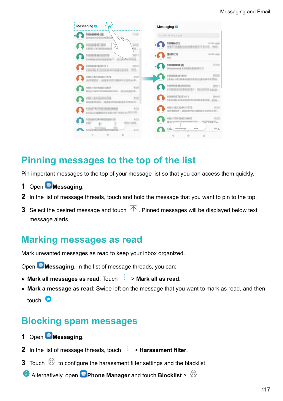 Pinning messages to the top of the list, Marking messages as read, Blocking spam messages | Huawei Mate 9 User Manual | Page 123 / 205