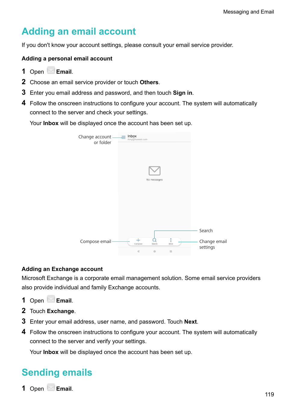 Adding an email account, Adding a personal email account, Adding an exchange account | Sending emails | Huawei Mate 9 User Manual | Page 125 / 205