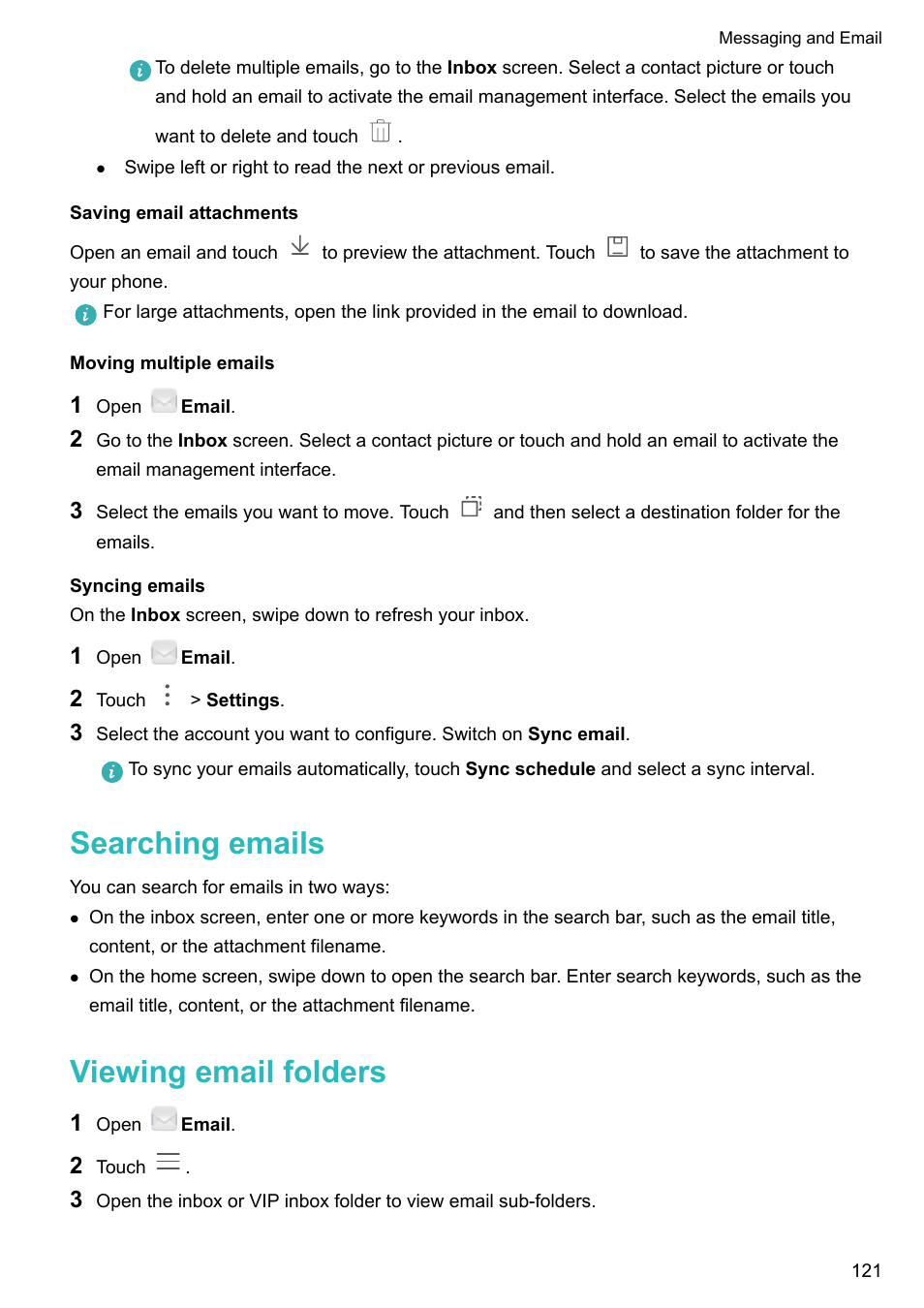 Saving email attachments, Moving multiple emails, Syncing emails | Searching emails, Viewing email folders | Huawei Mate 9 User Manual | Page 127 / 205