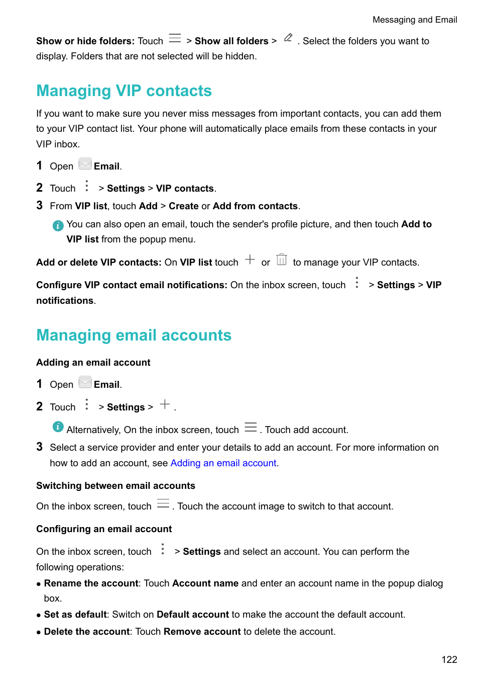 Managing vip contacts, Managing email accounts, Adding an email account | Switching between email accounts, Configuring an email account | Huawei Mate 9 User Manual | Page 128 / 205