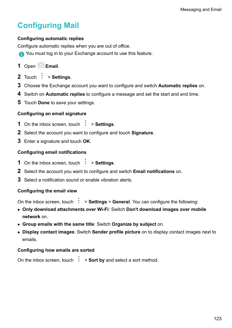 Configuring mail, Configuring automatic replies, Configuring an email signature | Configuring email notifications, Configuring the email view, Configuring how emails are sorted | Huawei Mate 9 User Manual | Page 129 / 205