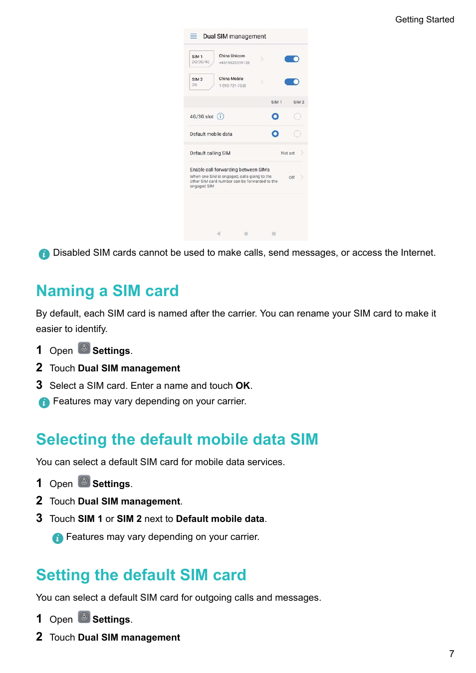 Naming a sim card, Selecting the default mobile data sim, Setting the default sim card | Huawei Mate 9 User Manual | Page 13 / 205