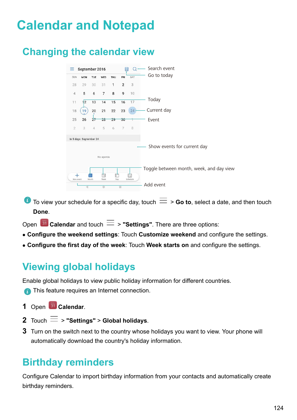 Calendar and notepad, Changing the calendar view, Viewing global holidays | Birthday reminders | Huawei Mate 9 User Manual | Page 130 / 205