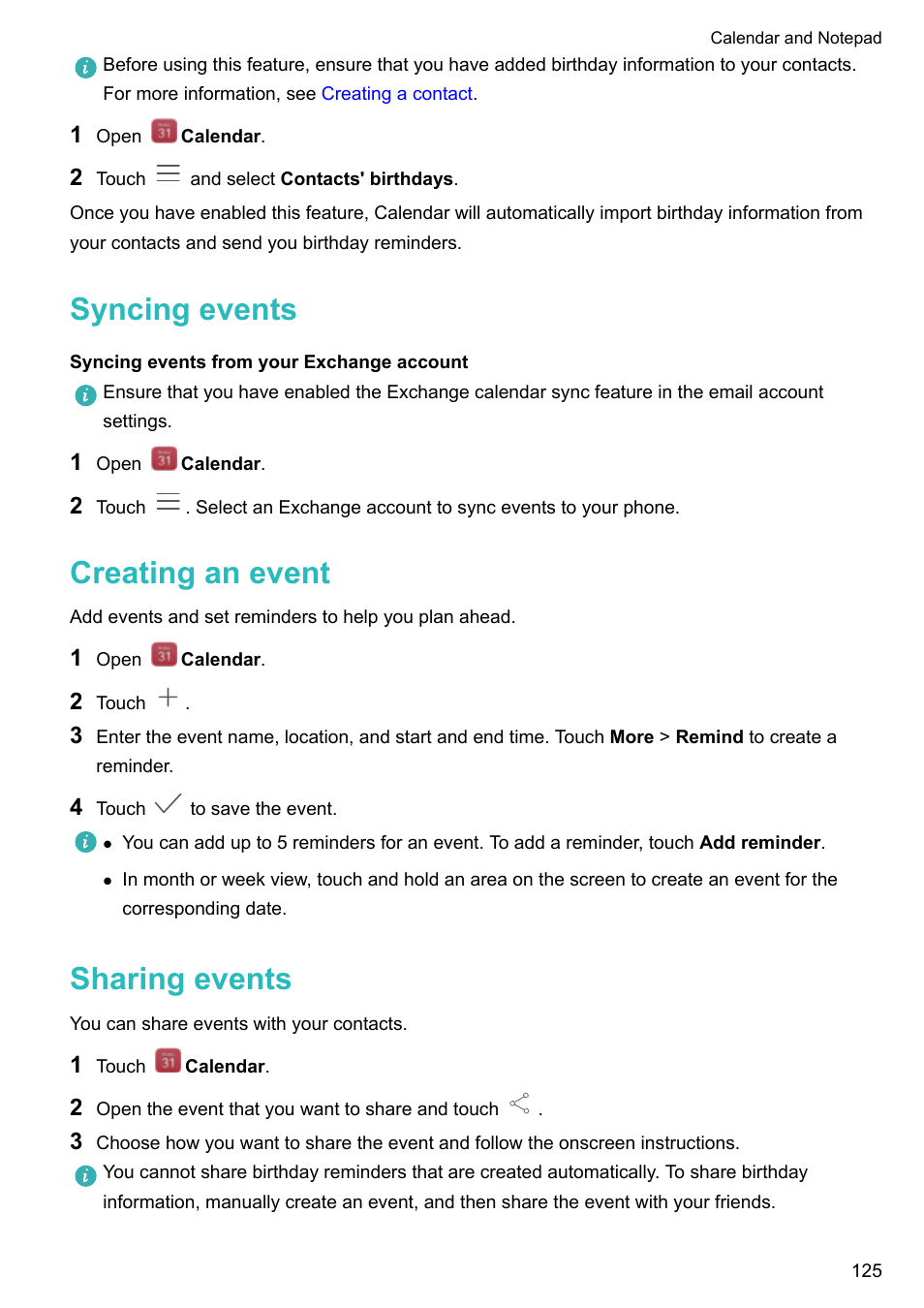 Syncing events, Syncing events from your exchange account, Creating an event | Sharing events | Huawei Mate 9 User Manual | Page 131 / 205