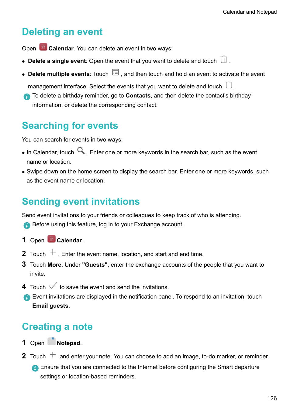 Deleting an event, Searching for events, Sending event invitations | Creating a note | Huawei Mate 9 User Manual | Page 132 / 205