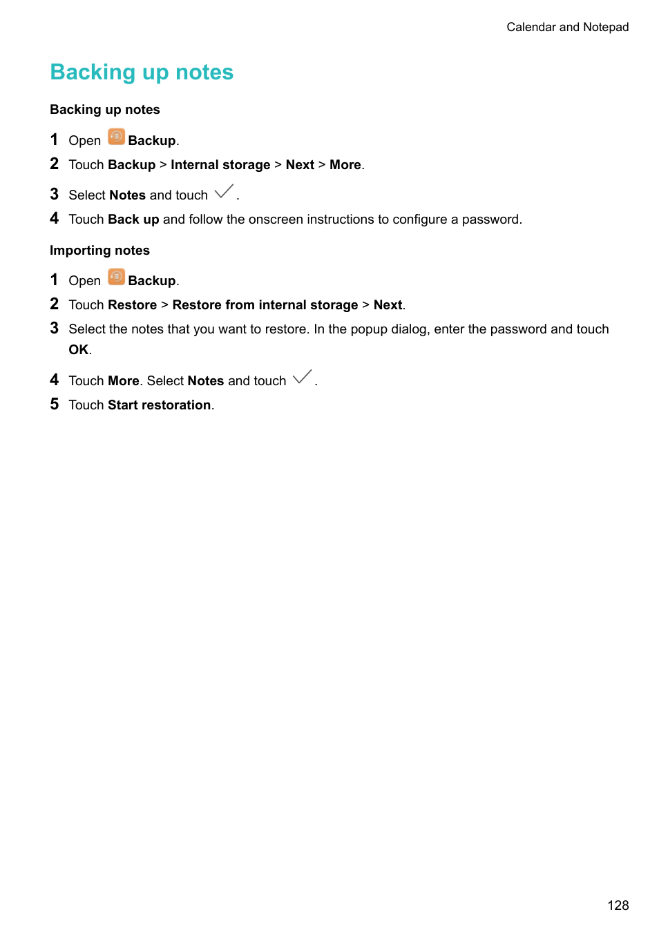 Backing up notes, Importing notes | Huawei Mate 9 User Manual | Page 134 / 205