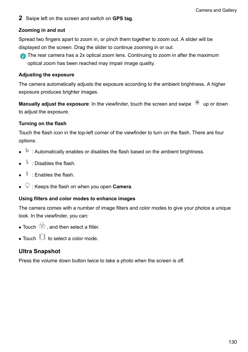 Zooming in and out, Adjusting the exposure, Turning on the flash | Using filters and color modes to enhance images, Ultra snapshot | Huawei Mate 9 User Manual | Page 136 / 205