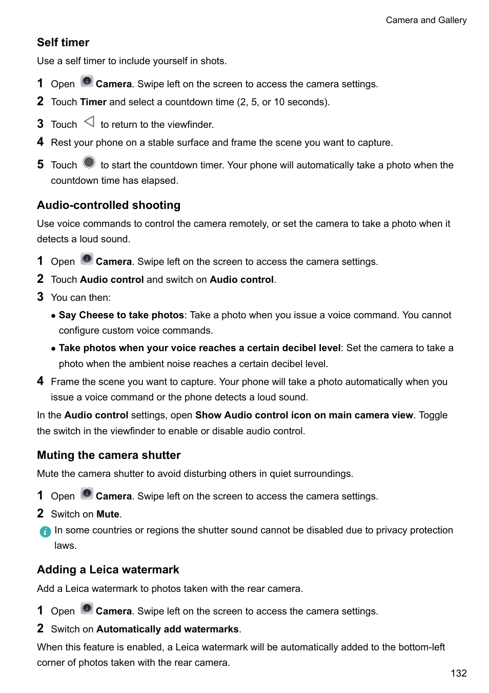 Self timer, Audio-controlled shooting, Muting the camera shutter | Adding a leica watermark | Huawei Mate 9 User Manual | Page 138 / 205