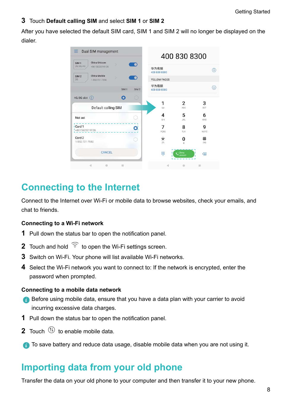 Connecting to the internet, Connecting to a wi-fi network, Connecting to a mobile data network | Importing data from your old phone | Huawei Mate 9 User Manual | Page 14 / 205