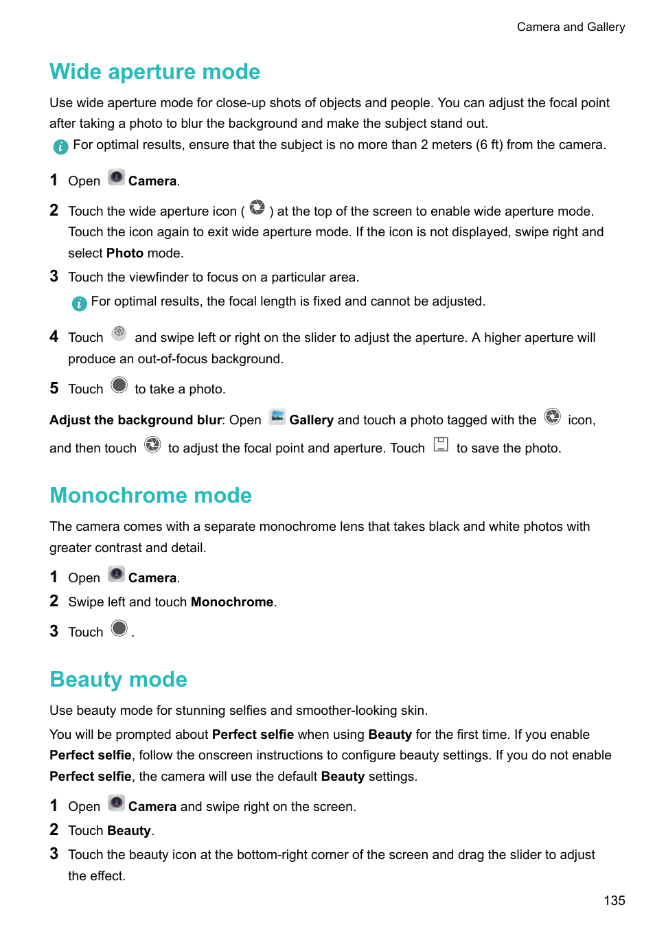 Wide aperture mode, Monochrome mode, Beauty mode | Huawei Mate 9 User Manual | Page 141 / 205