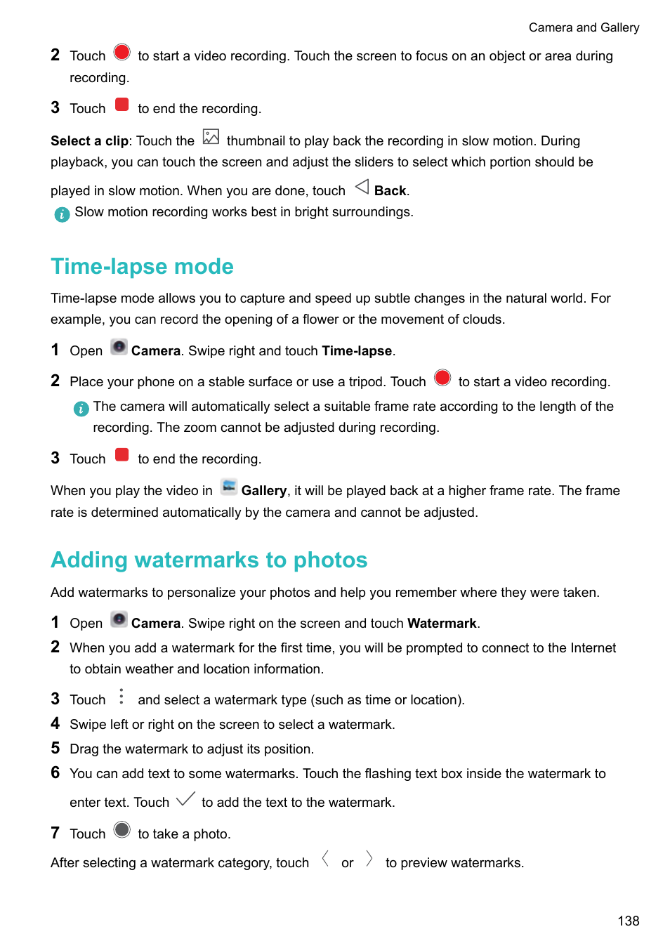 Time-lapse mode, Adding watermarks to photos | Huawei Mate 9 User Manual | Page 144 / 205