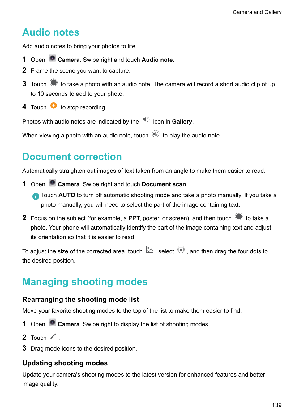 Audio notes, Document correction, Managing shooting modes | Rearranging the shooting mode list, Updating shooting modes | Huawei Mate 9 User Manual | Page 145 / 205