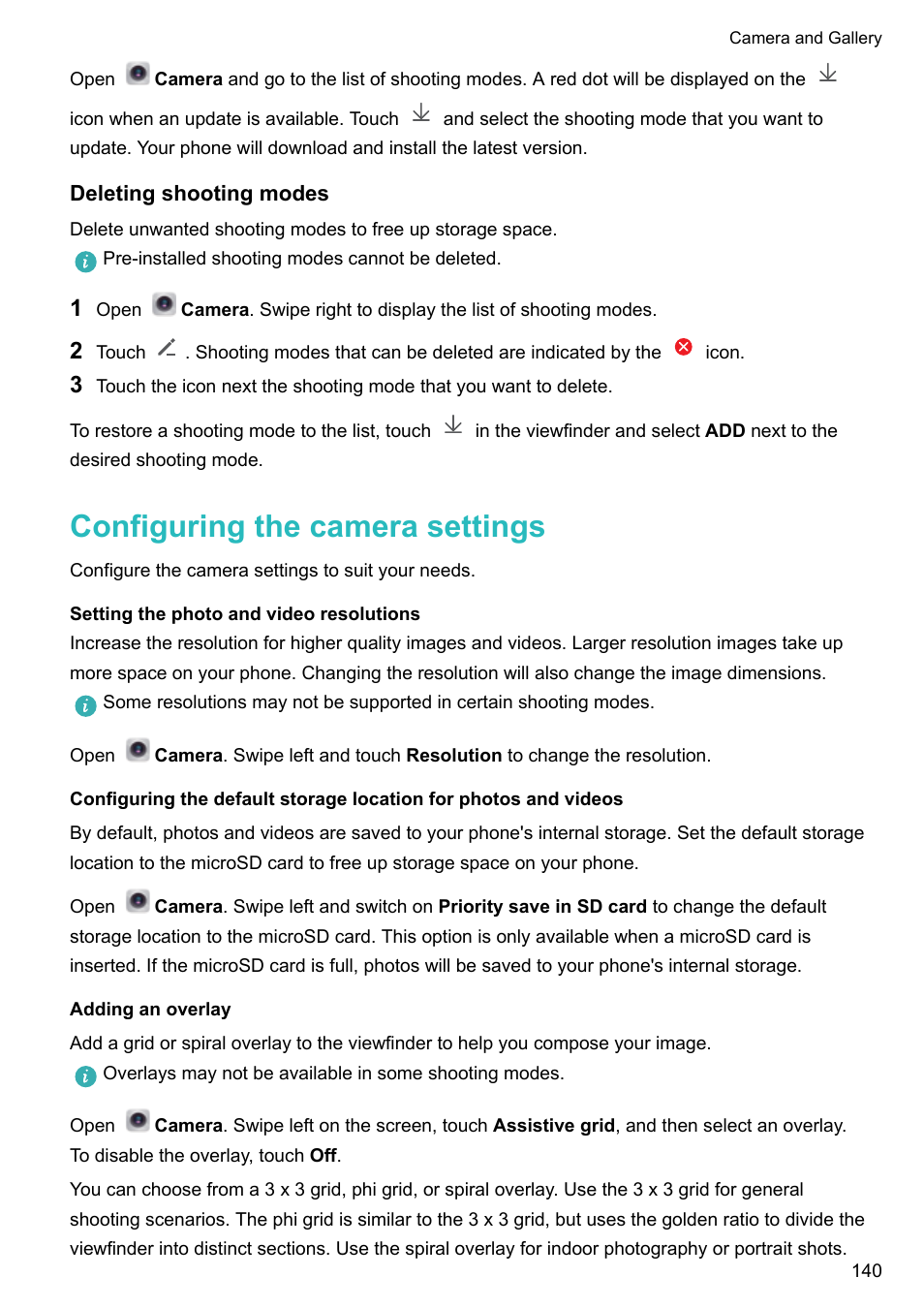 Deleting shooting modes, Configuring the camera settings, Setting the photo and video resolutions | Adding an overlay | Huawei Mate 9 User Manual | Page 146 / 205