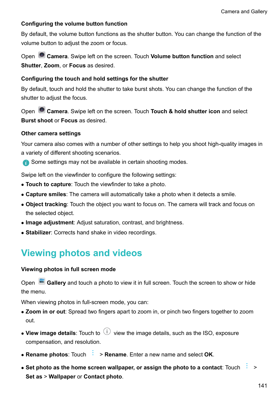 Configuring the volume button function, Other camera settings, Viewing photos and videos | Viewing photos in full screen mode | Huawei Mate 9 User Manual | Page 147 / 205