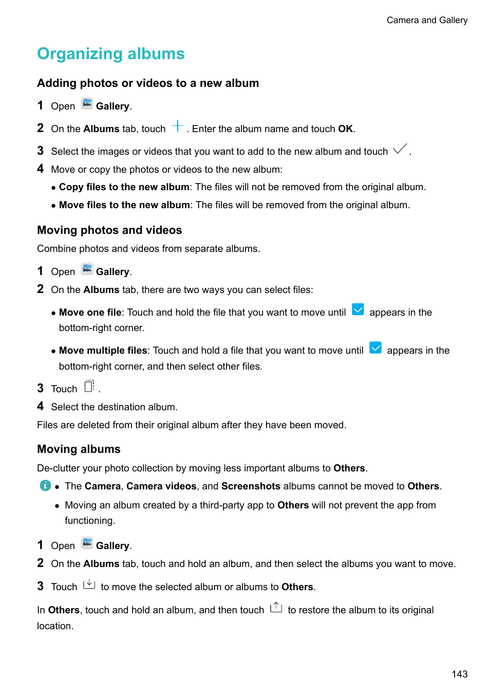 Organizing albums, Adding photos or videos to a new album, Moving photos and videos | Moving albums | Huawei Mate 9 User Manual | Page 149 / 205