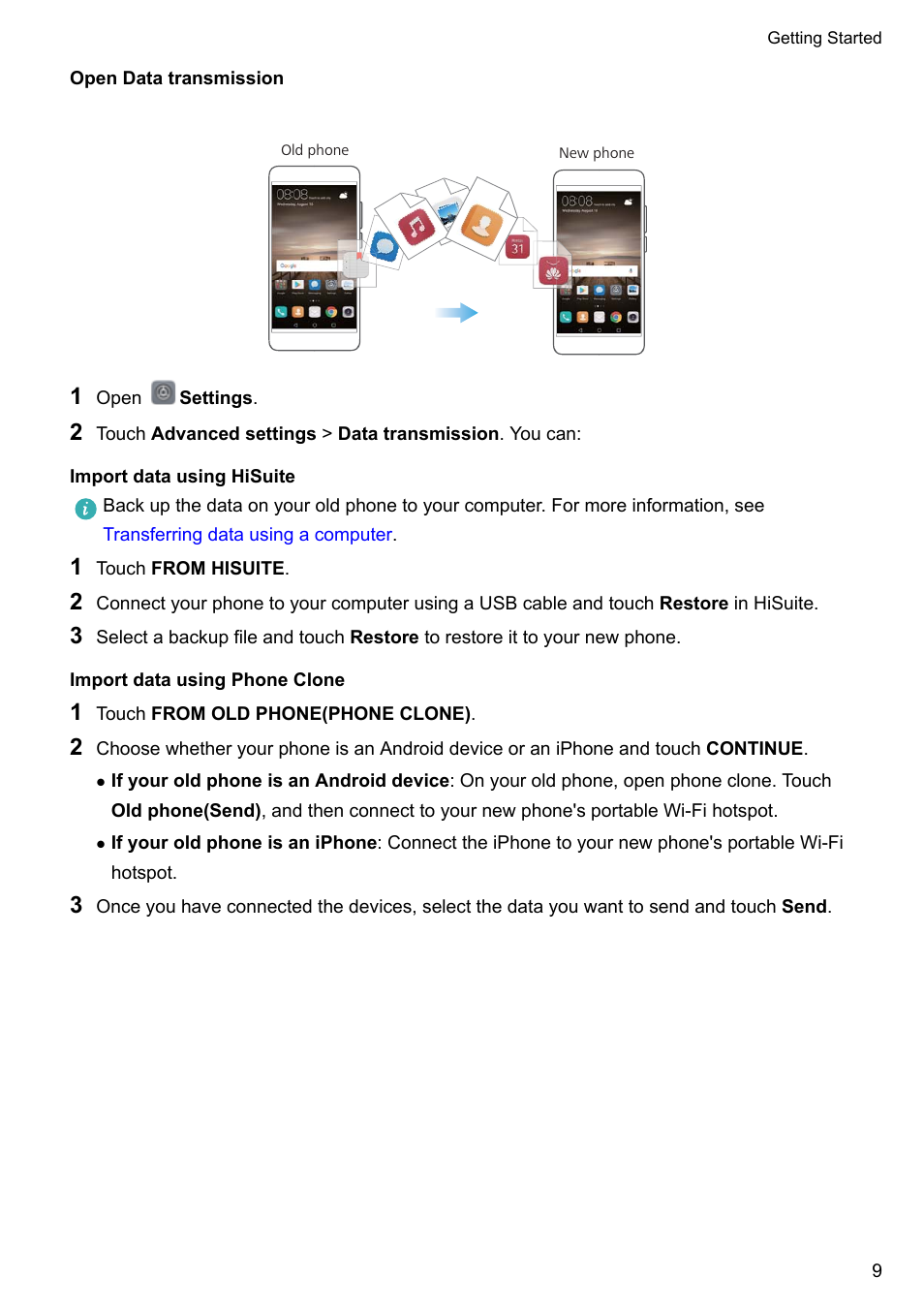 Open data transmission, Import data using hisuite, Import data using phone clone | Huawei Mate 9 User Manual | Page 15 / 205