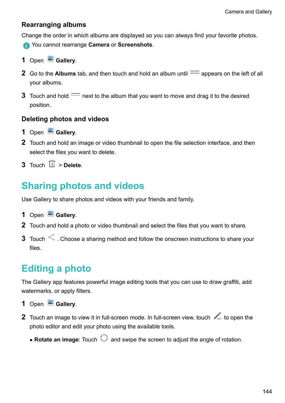 Rearranging albums, Deleting photos and videos, Sharing photos and videos | Editing a photo | Huawei Mate 9 User Manual | Page 150 / 205