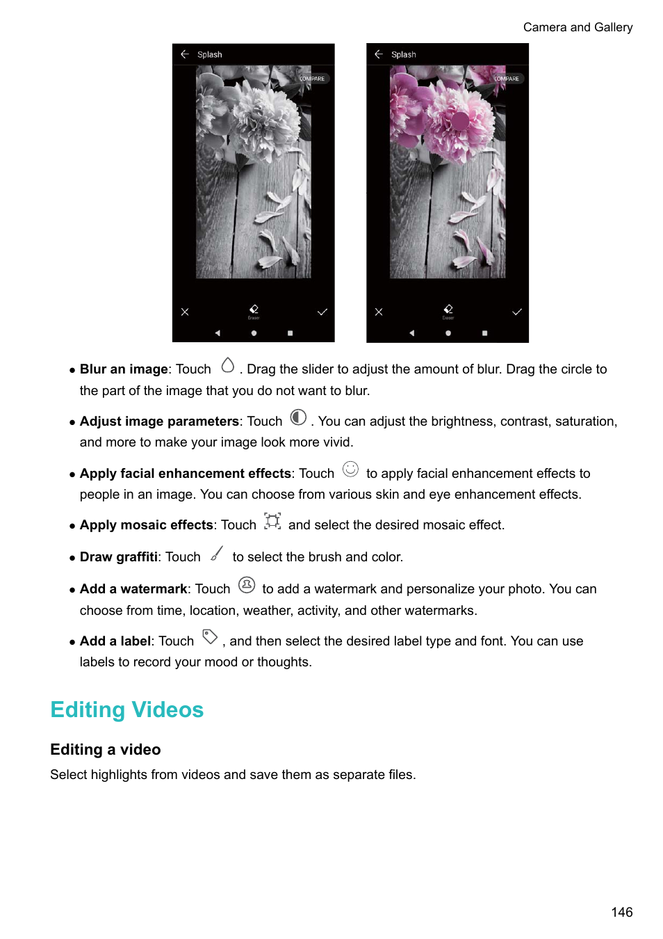 Editing videos, Editing a video | Huawei Mate 9 User Manual | Page 152 / 205