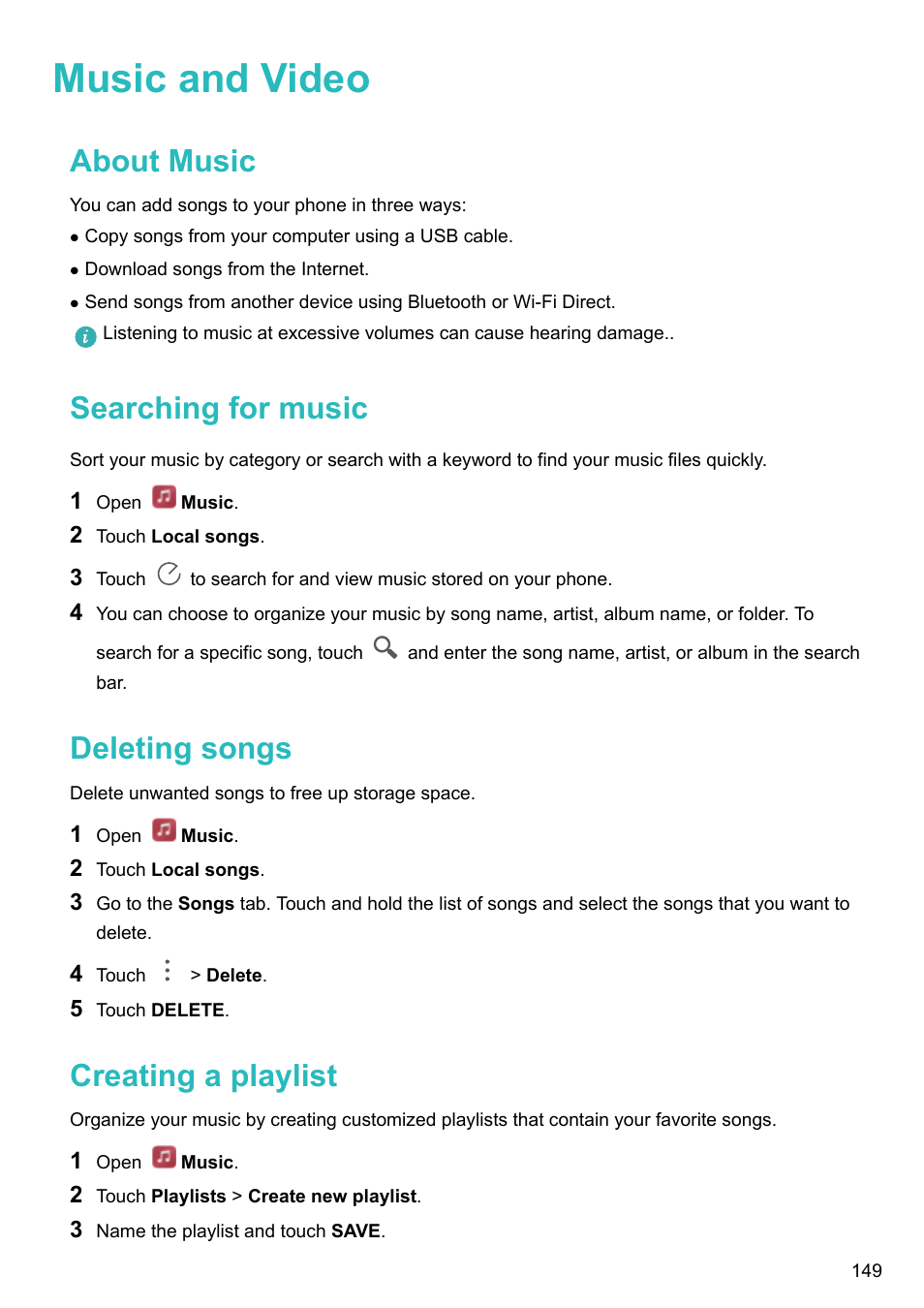 Music and video, About music, Searching for music | Deleting songs, Creating a playlist | Huawei Mate 9 User Manual | Page 155 / 205