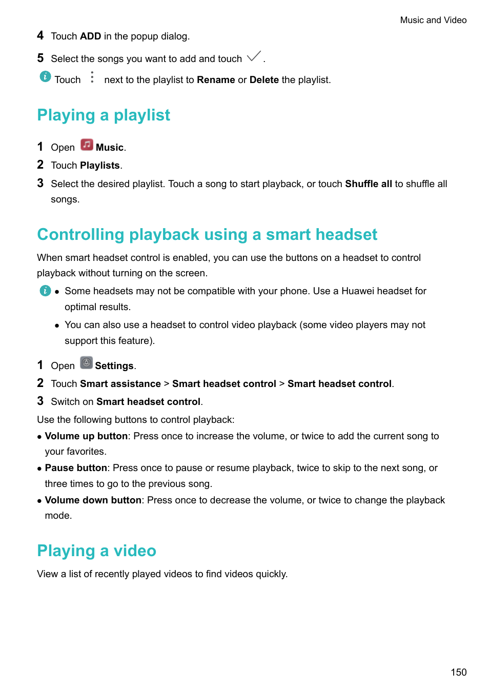 Playing a playlist, Controlling playback using a smart headset, Playing a video | Huawei Mate 9 User Manual | Page 156 / 205