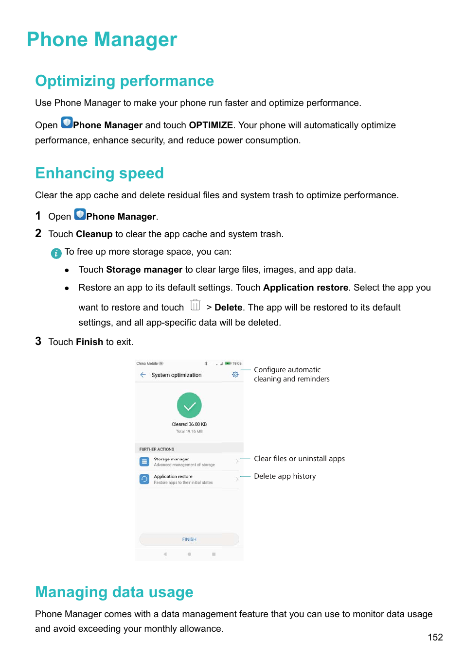 Phone manager, Optimizing performance, Enhancing speed | Managing data usage | Huawei Mate 9 User Manual | Page 158 / 205