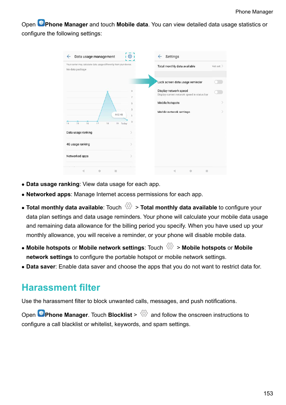 Harassment filter | Huawei Mate 9 User Manual | Page 159 / 205