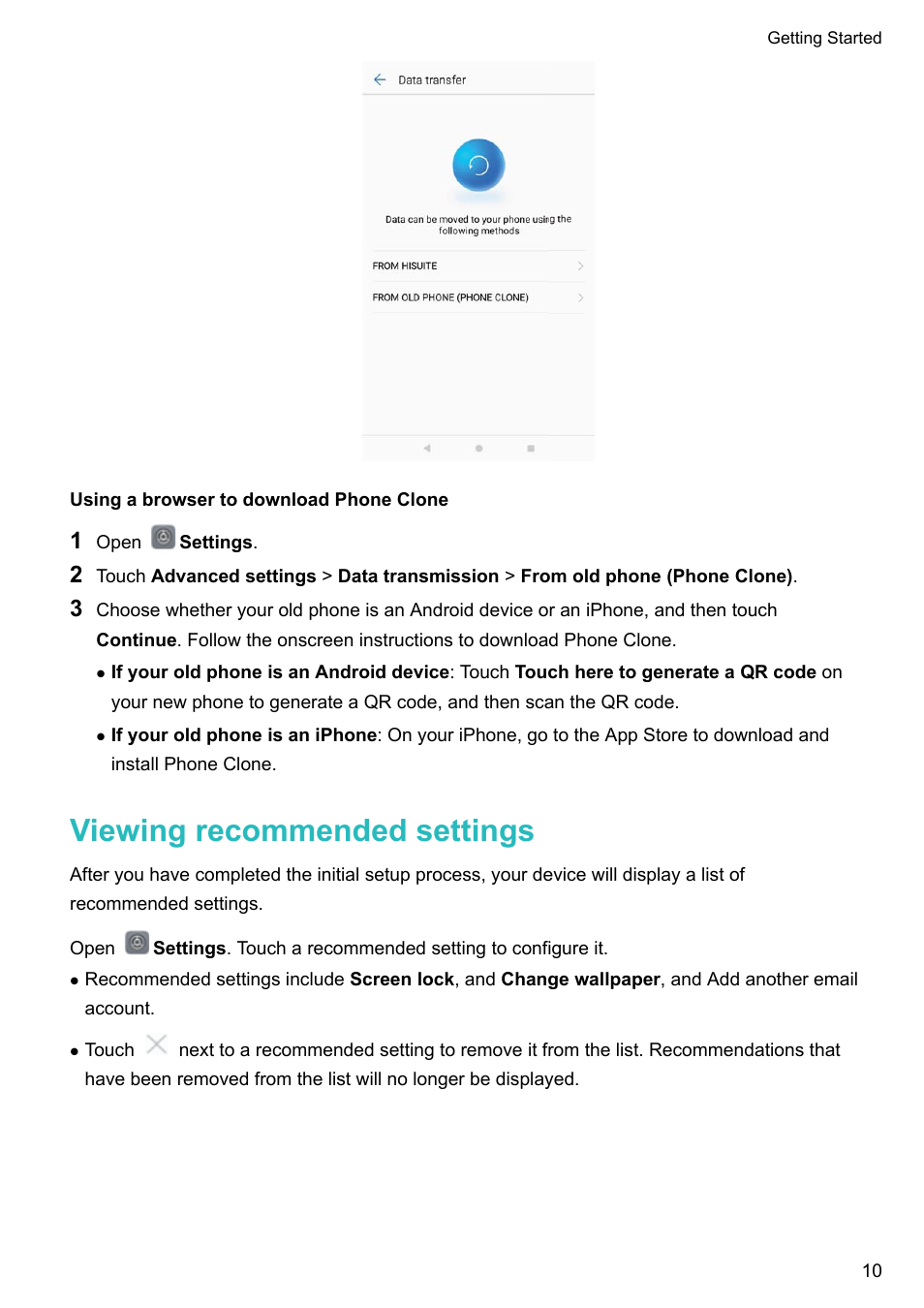 Using a browser to download phone clone, Viewing recommended settings | Huawei Mate 9 User Manual | Page 16 / 205